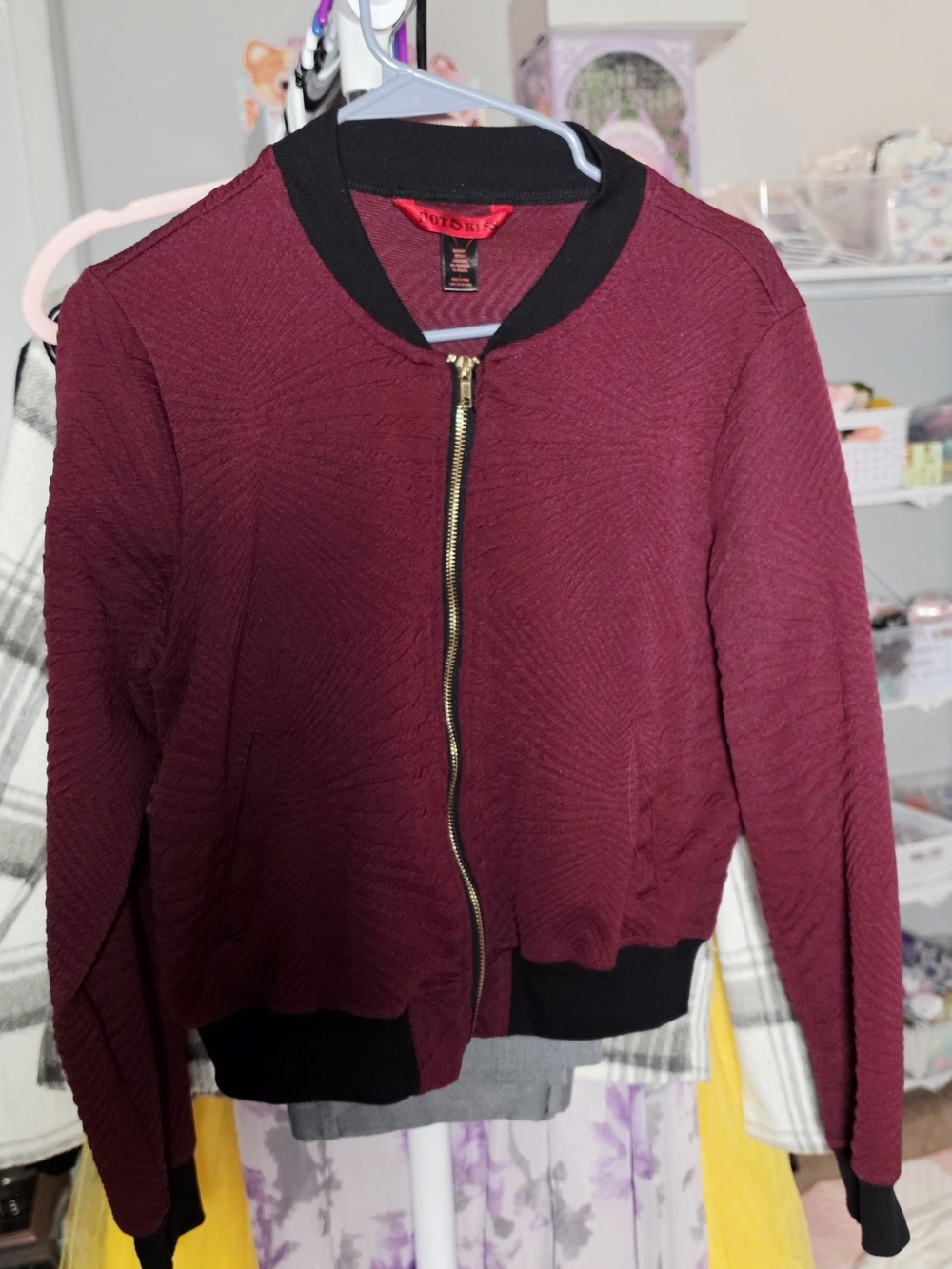VINTAGE Hot Kiss Burgundy Textured Bomber-Style Jacket with Black Trim